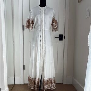 Elegant White and Brown Embroidered Dress